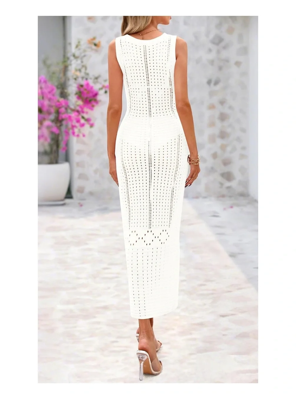 White Crochet Maxi Dress Swim Coverup Vacation Beach Bodycon Resortwear Boho L
